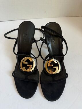 Gucci Black Suede Strappy Heels with Gold Interlocking G